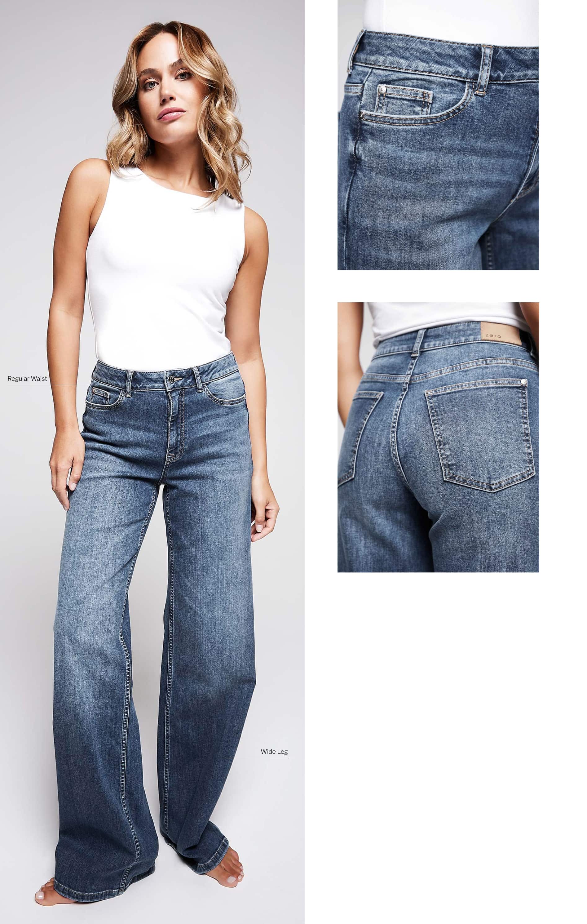 Eine Frau trägt ein weißes ärmelloses Oberteil und eine hochgeschnittene Jeans mit weitem Bein und steht barfuß. Zwei Nahaufnahmen auf der rechten Seite zeigen die Gesäßtaschen und die Verzierungen der Jeans.